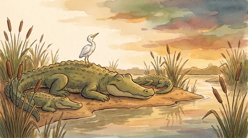 A family of alligators dozing on a mud bank among reeds, with a single small white egret chick standing on the back of the largest one.