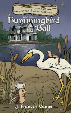 Cover of Amazon Swamp Chicken and the Hummingbird Ball: the egret with the salamander on his back and a hedgehog in a nurse's cap, in front of a tall house on stilts at dusk.