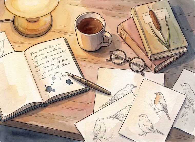 A writer's desk from above in lamplight: an open handwritten notebook, a fountain pen, a mug of tea, reading glasses, a stack of paperbacks and pencil sketches of birds.