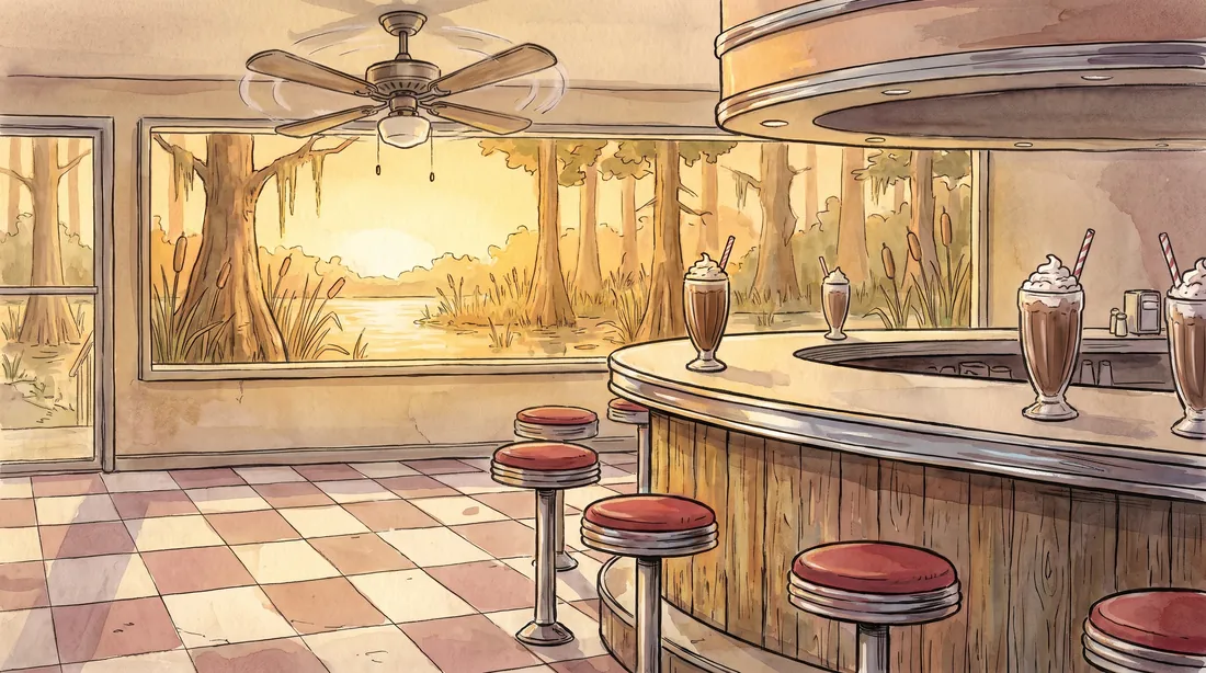 Inside the Willow Creek diner: a chequerboard floor, a chrome and timber counter with red stools, and tall chocolate milkshakes waiting on the top.