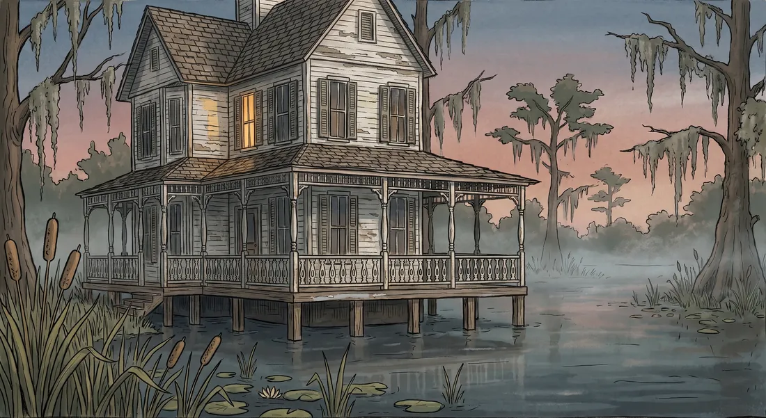 Hummingbird Hall: a tall old weatherboard house on stilts at the swamp's edge at dusk, with a deep veranda, shuttered windows and one lit room.