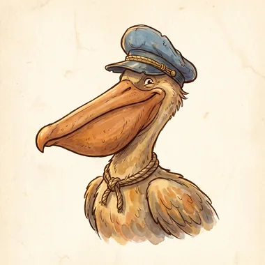 Captain Jack, a large brown pelican with an enormous bill, wearing a battered blue sea captain's cap.