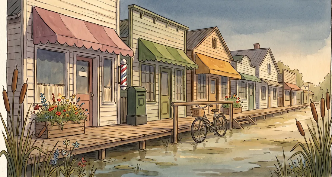 The main street of Willow Creek in afternoon light: small weatherboard shopfronts with painted awnings along a raised wooden boardwalk over shallow swamp water.