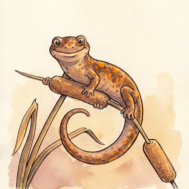 Pede, a small brown and orange spotted salamander with a long curling tail, perched on a broken cattail reed.
