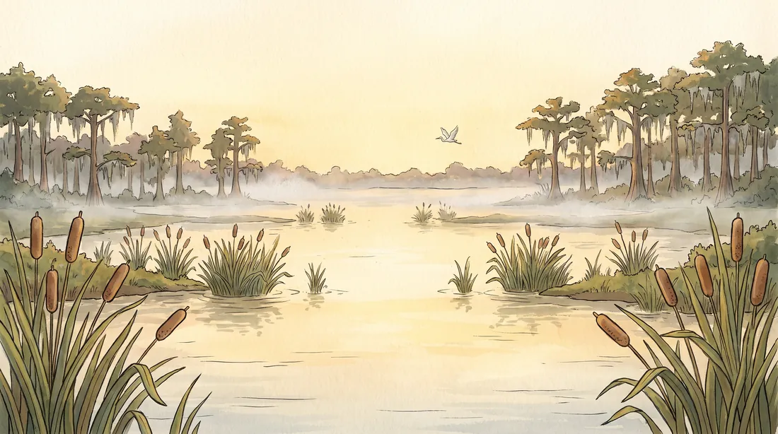 Open swamp at first light: flat still water reflecting a pale gold sky, clumps of cattails, a distant line of cypress trees hung with Spanish moss, and one egret in flight.