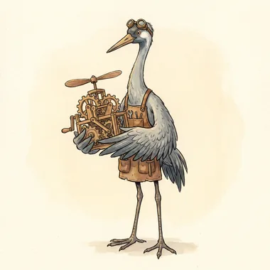 Woody Crane, a lanky grey crane in brass goggles and a leather tool apron, holding a hand-built wooden contraption with cogs and a propeller.